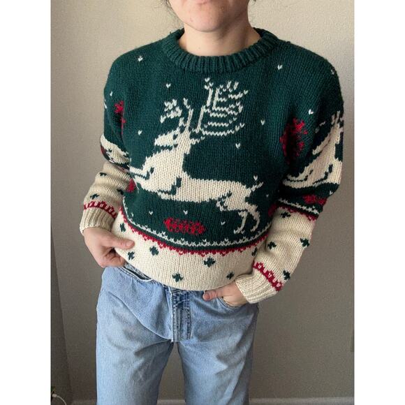 Vintage Eddie Bauer 1990 Reindeer Christmas Sweater holiday fair isle 100% Wool - Picture 2 of 7